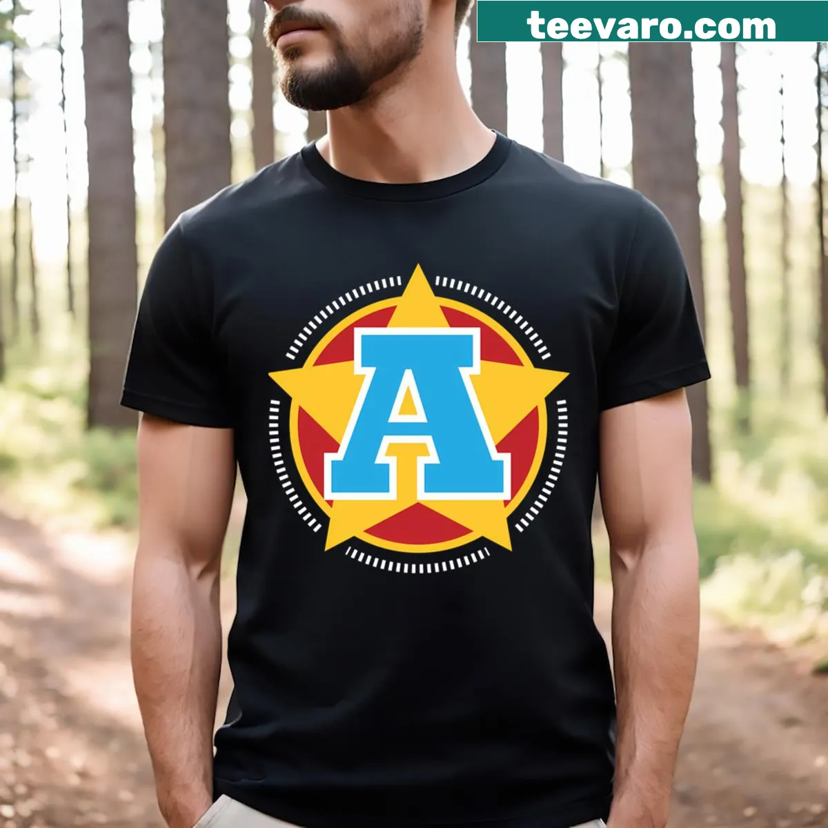 Star and stripes design featuring the letter A on a t-shirt — on a men's t-shirt