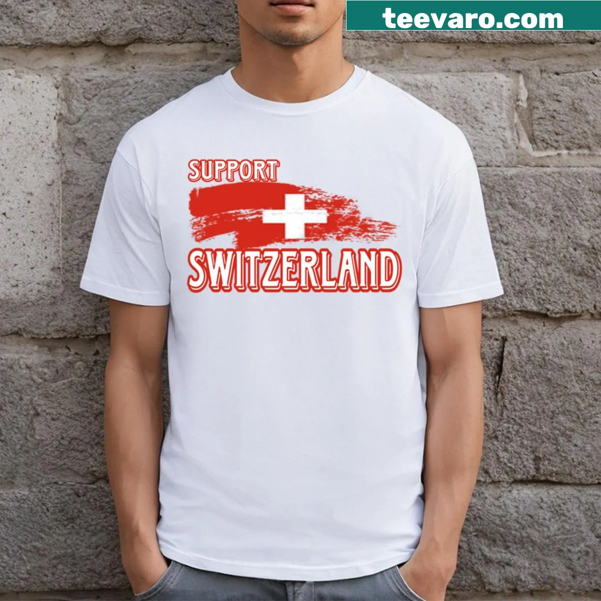 Support Switzerland t-shirt featuring the Swiss flag design — on a men's t-shirt