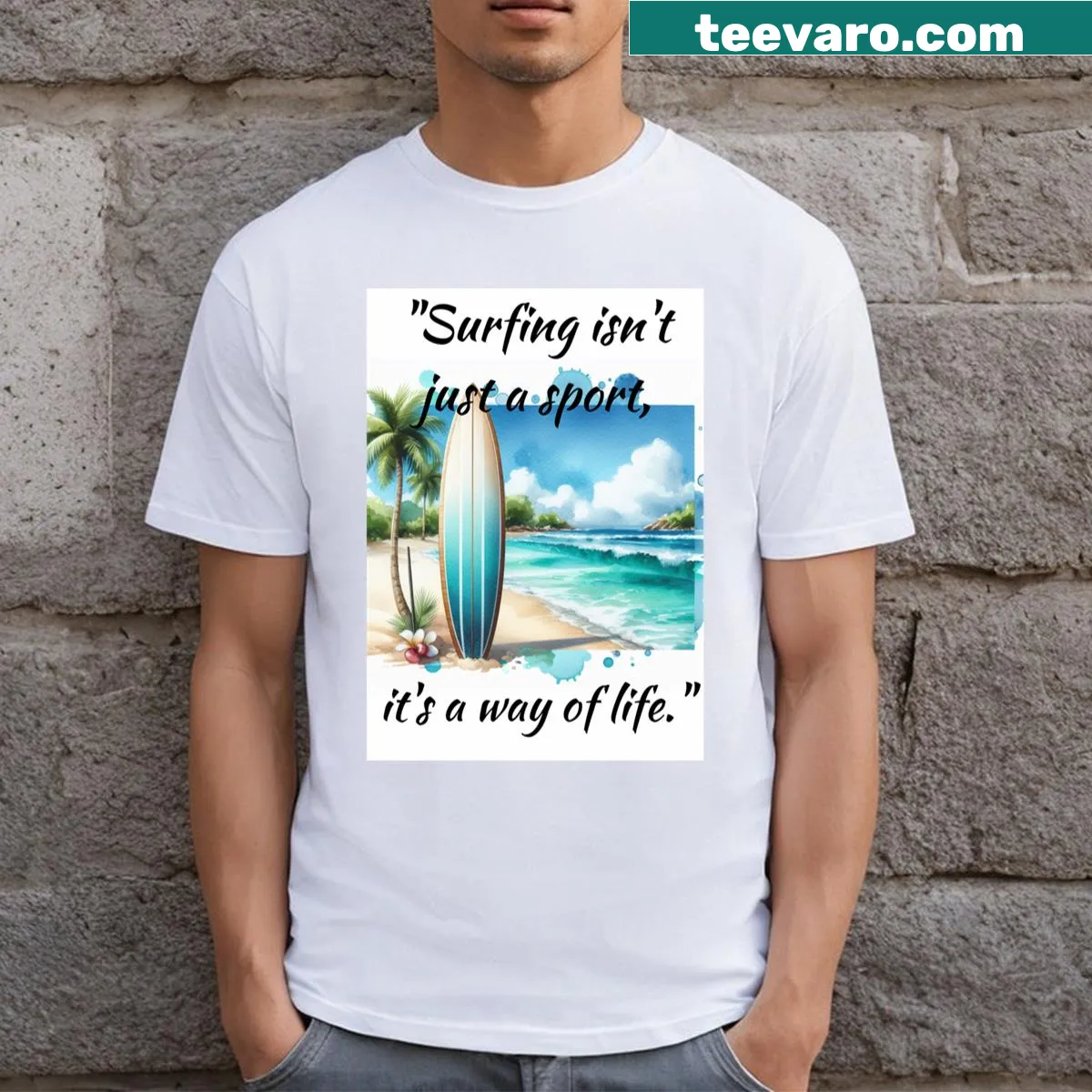 T-shirt with the phrase about surfing as a lifestyle. — on a men's t-shirt