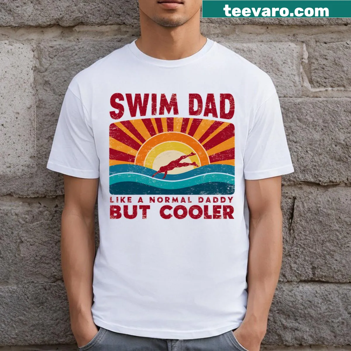 Funny T-shirt for dads with a playful swimming theme. — on a men's t-shirt