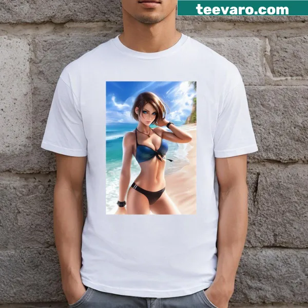 T-shirt featuring an illustration of Jill Valentine in a swimsuit.