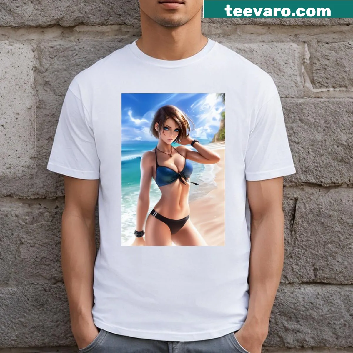 T-shirt featuring an illustration of Jill Valentine in a swimsuit. — on a men's t-shirt