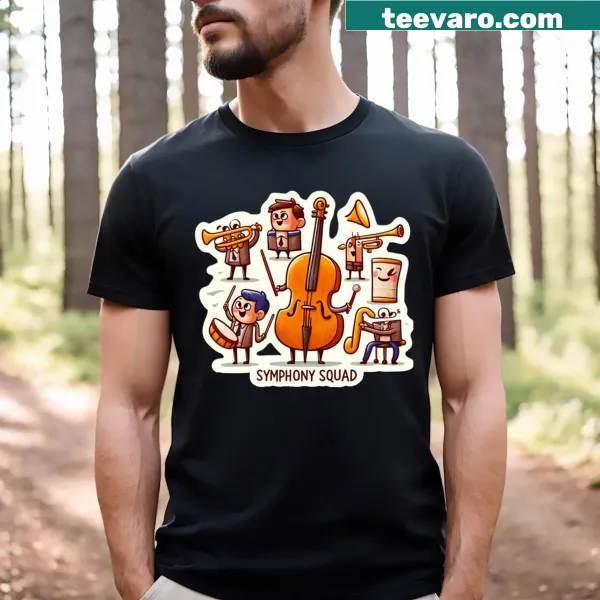 Illustration of musical instruments on a school orchestra T-shirt.