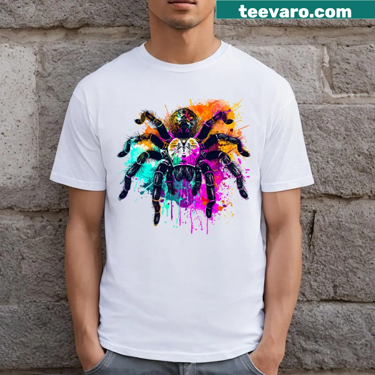 Whimsical design celebrating tarantulas on a t-shirt — on a men's t-shirt