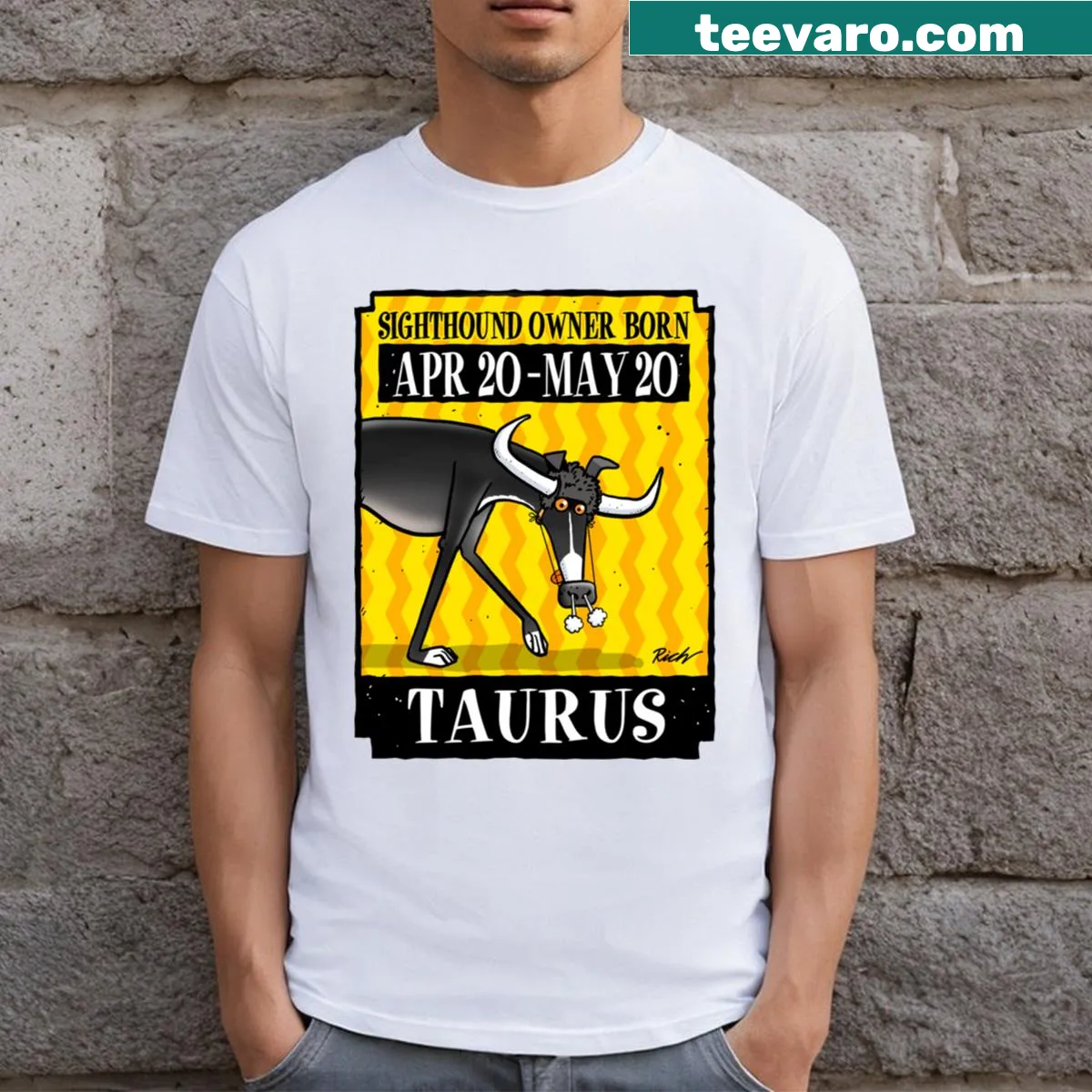 Illustration of a Taurus hound on a T-shirt celebrating dog lovers. — on a men's t-shirt