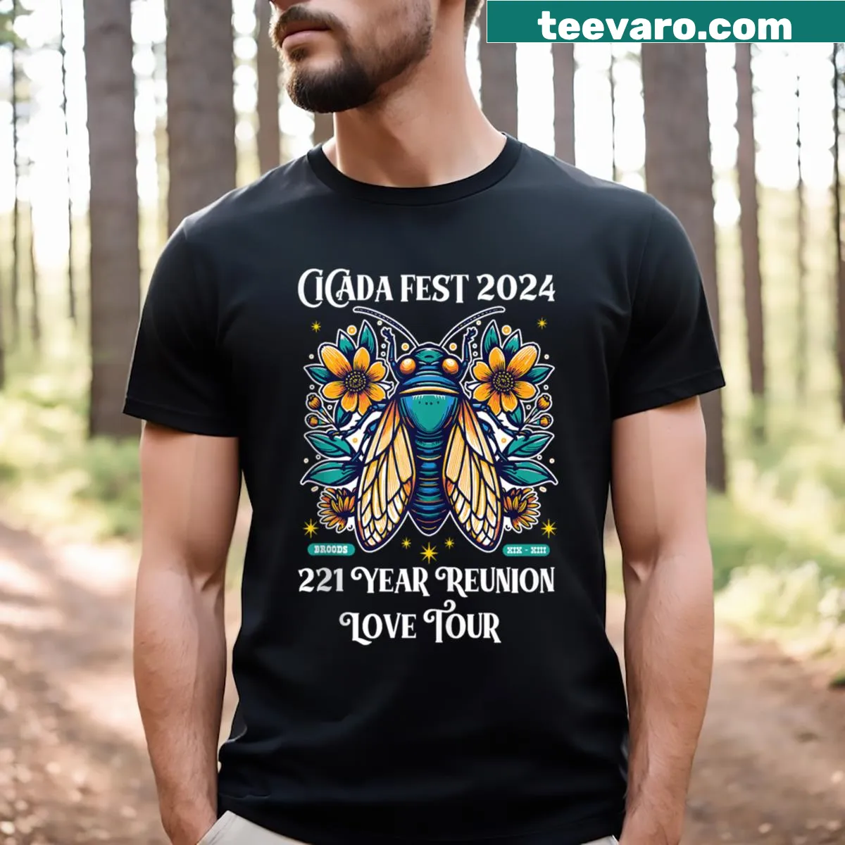 Funny cicada concert shirt with cartoon illustration for cicada festival lovers. — on a men's t-shirt