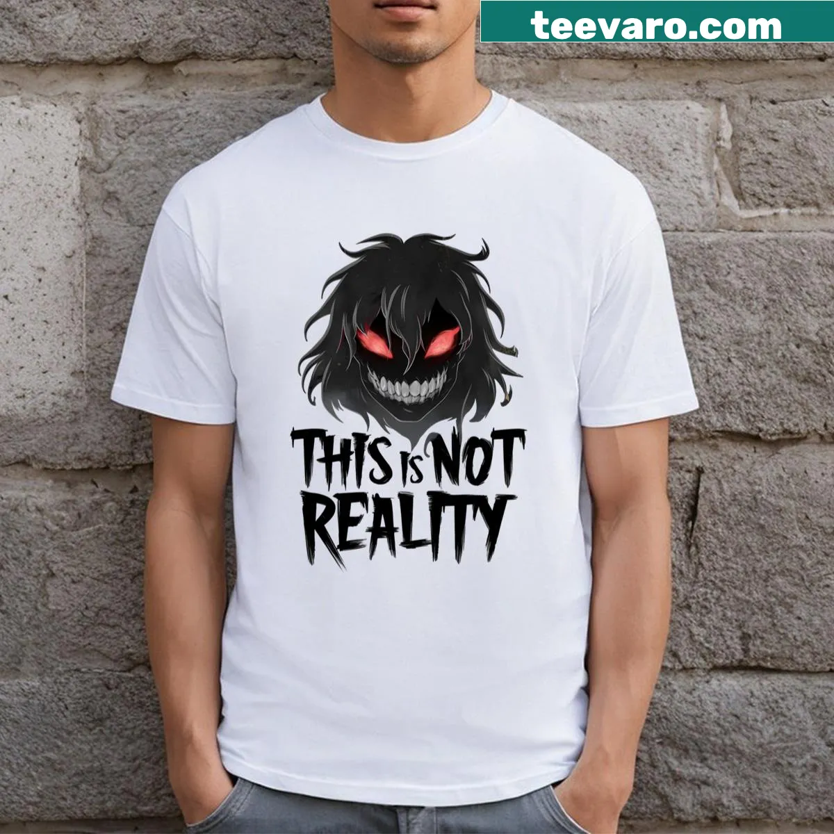 Minimalist typography T-shirt with the phrase 'This Is Not Reality.' — on a men's t-shirt