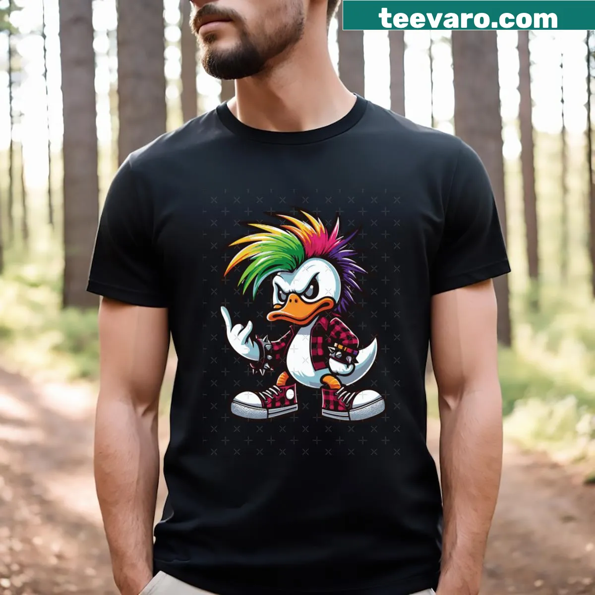 Illustrated punk duck T-shirt perfect for music lovers — on a men's t-shirt