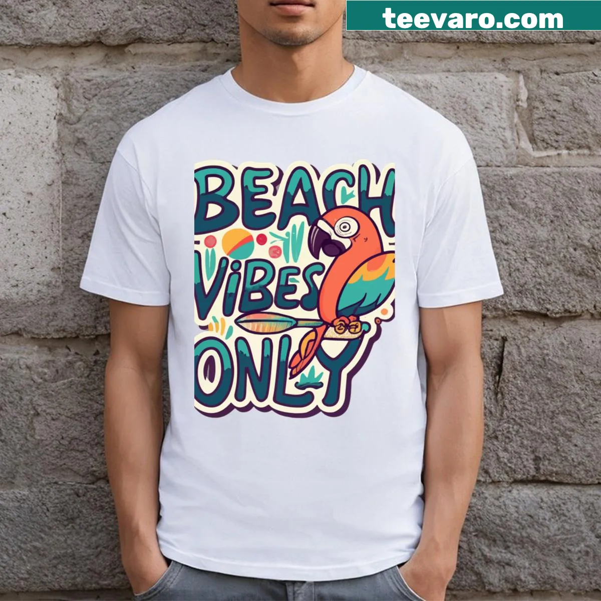 Tropical parrot on a surfboard illustrated on a casual T-shirt. — on a men's t-shirt
