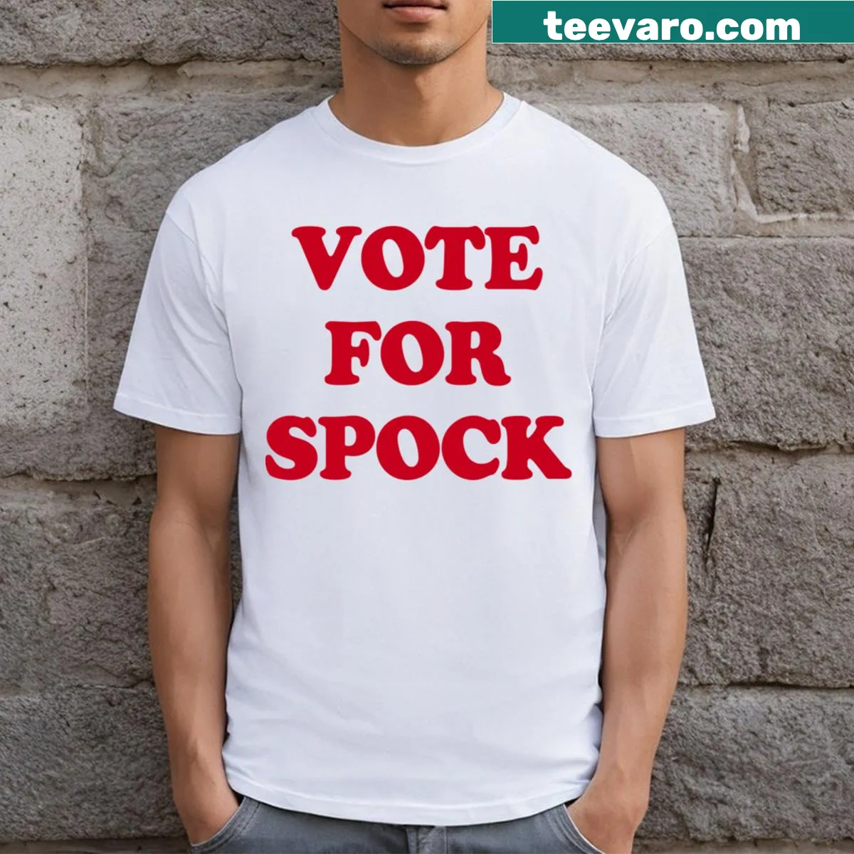 T-shirt with playful typography saying 'Vote For Star Trek' — on a men's t-shirt