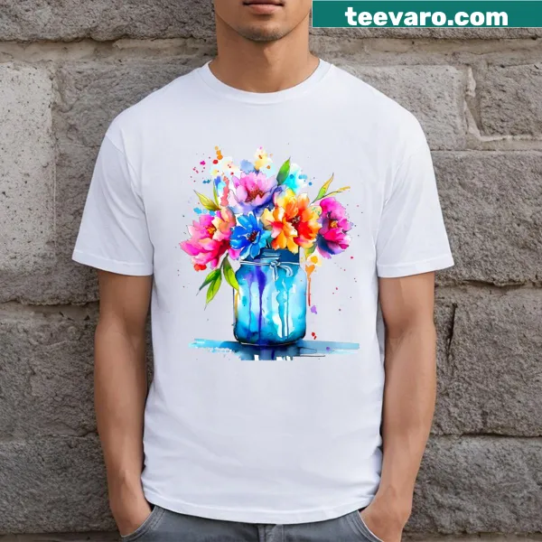 Watercolor mason jar filled with flowers on a t-shirt