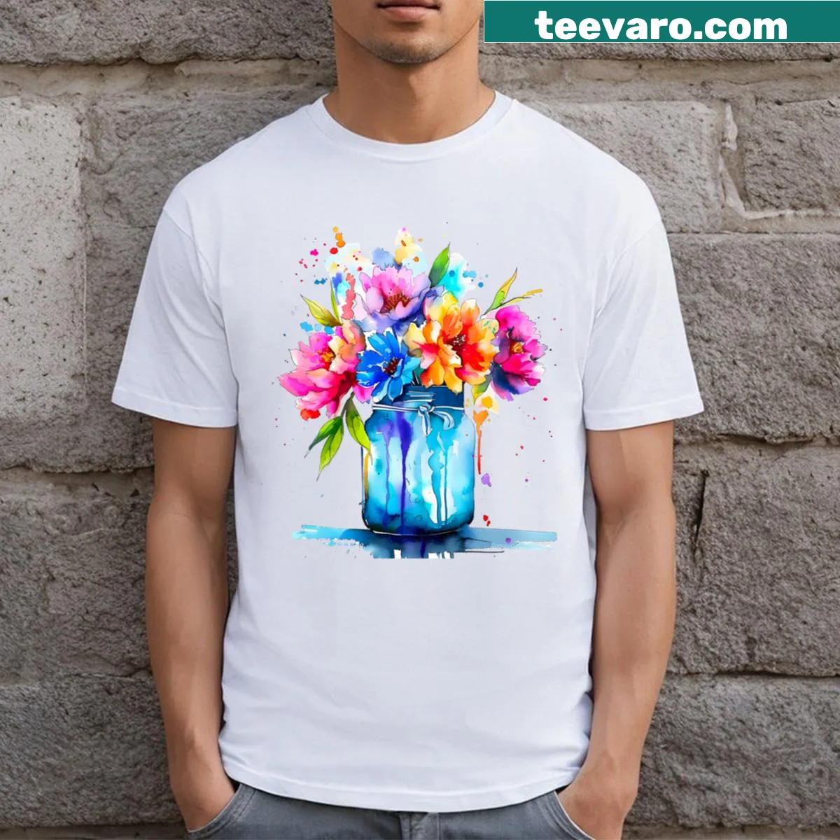 Watercolor mason jar filled with flowers on a t-shirt — on a men's t-shirt