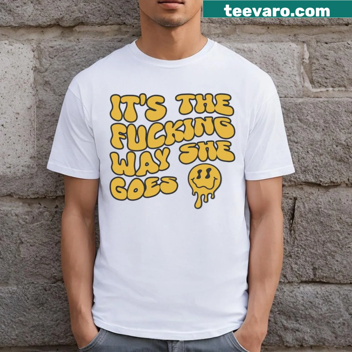 Way She Goes Groovy T-shirt with playful typography — on a men's t-shirt