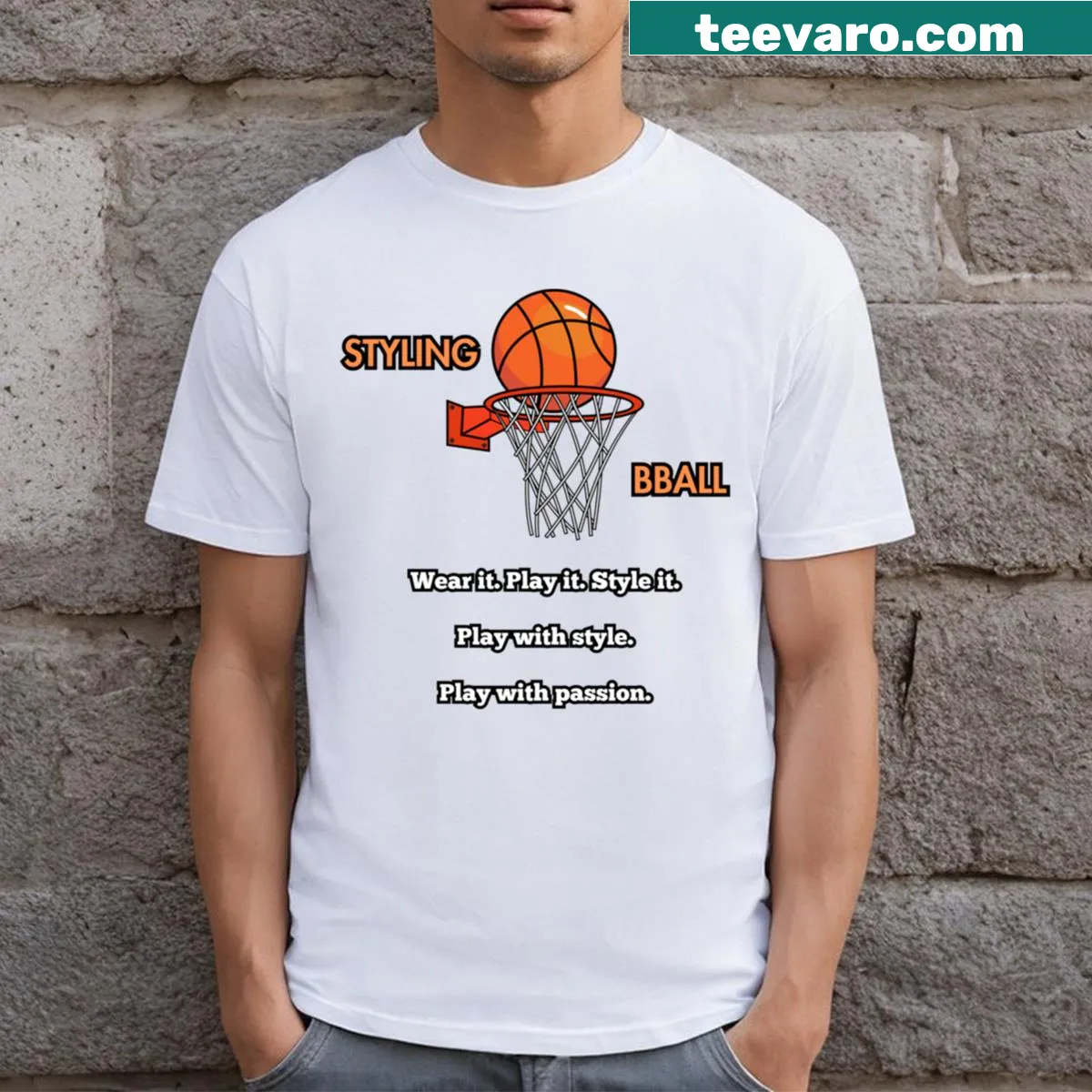 Playful t-shirt featuring 'Wear It Play It Style It' text — on a men's t-shirt