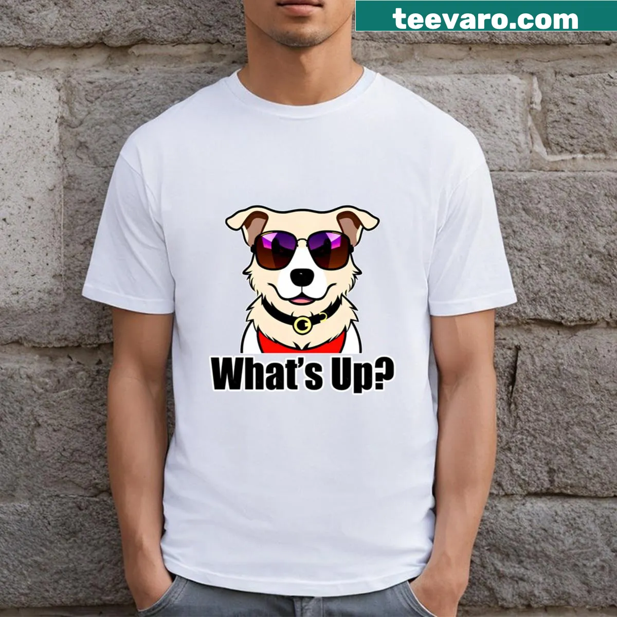 Humorous T-shirt with the phrase 'What's Up Dog' — on a men's t-shirt