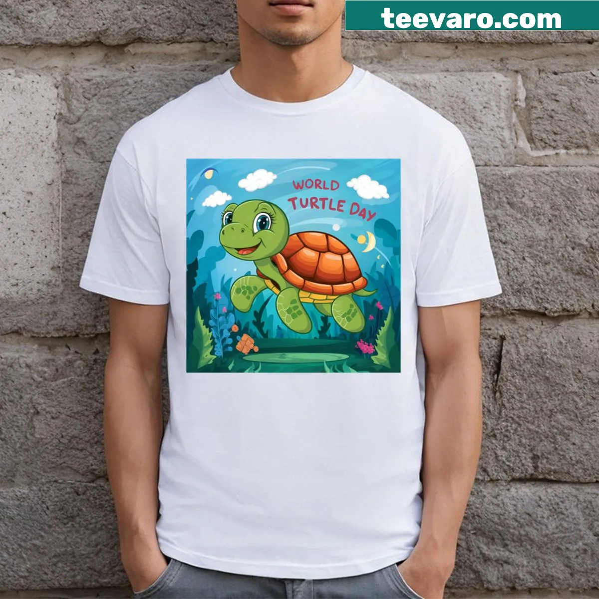 Playful T-shirt celebrating World Turtle Day — on a men's t-shirt