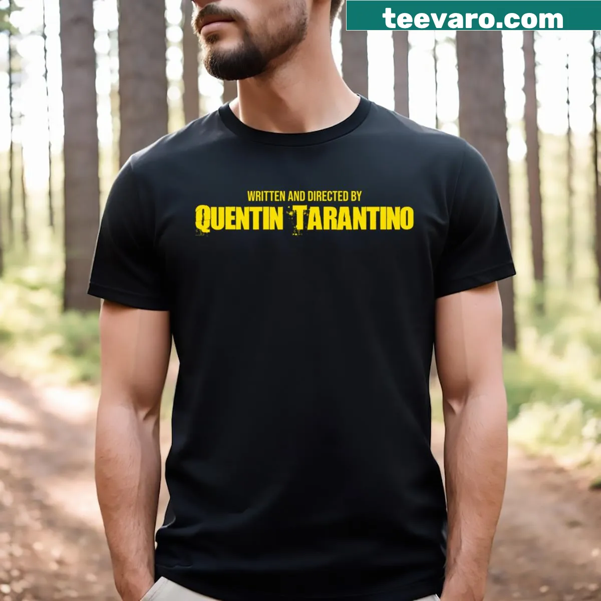 Tribute shirt featuring 'Written Directed By Quentin Tarantino' text design. — on a men's t-shirt