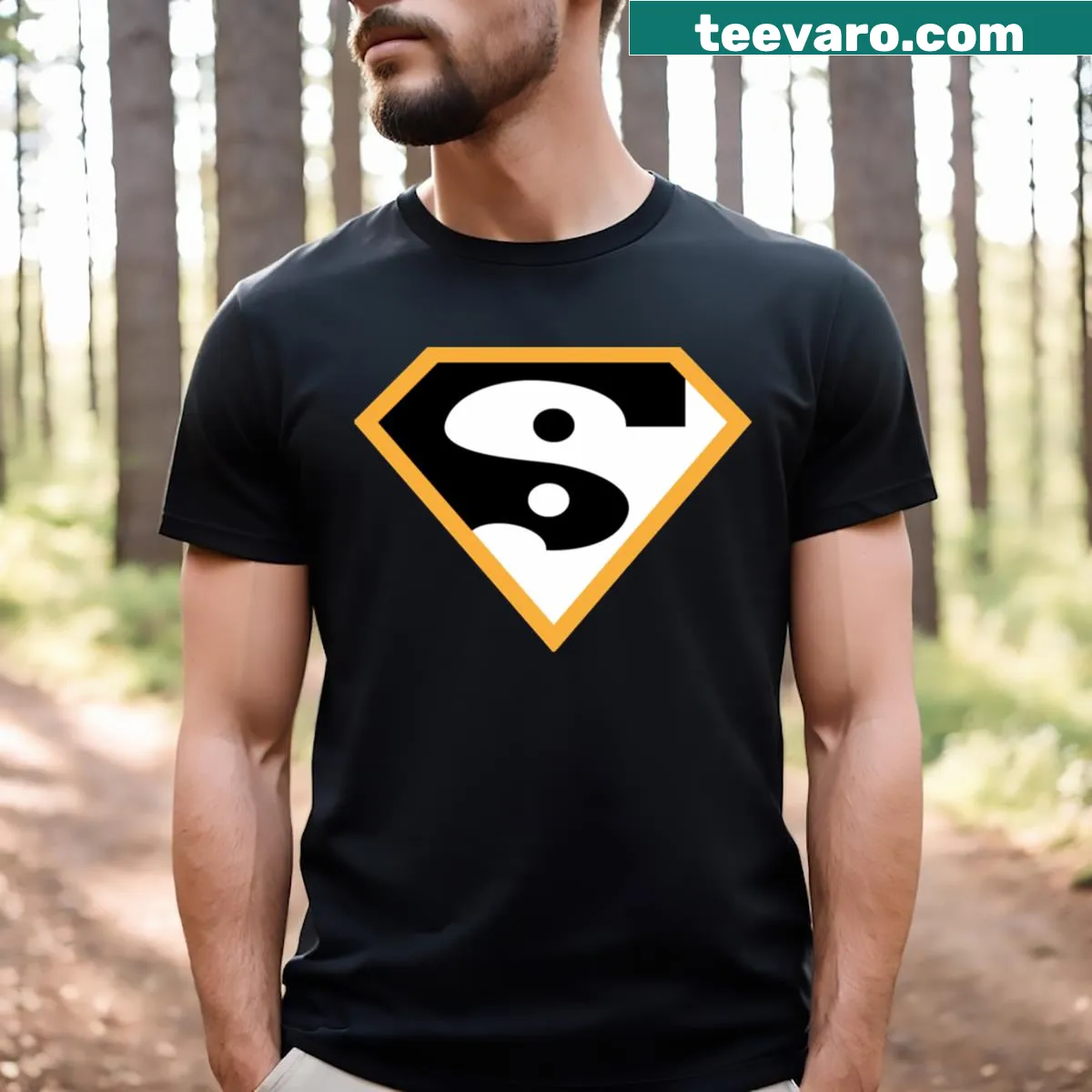 Yin Yang symbol T-shirt with abstract typography — on a men's t-shirt