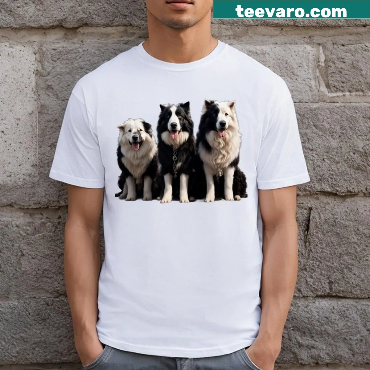 T-shirt depicting three black sheepdogs in an illustration. — on a men's t-shirt