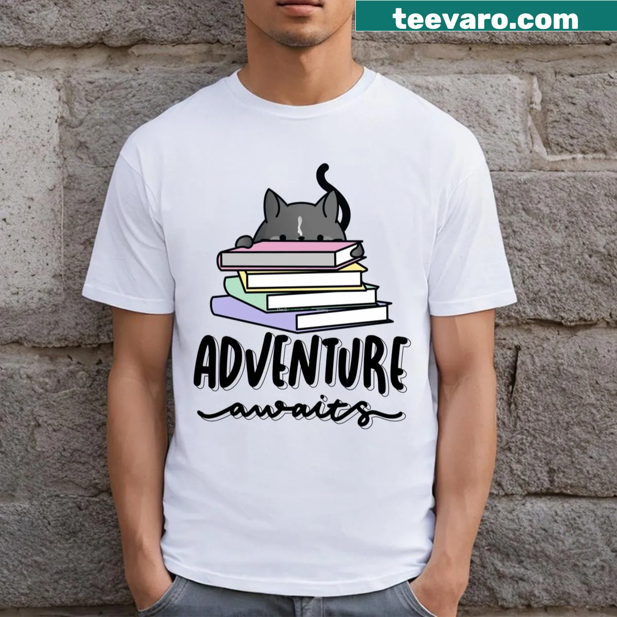 Cute cat and book graphic on cozy mystery book lover t-shirt — on a men's t-shirt
