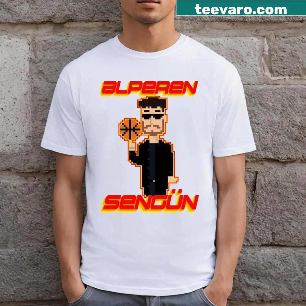 Pixel art T-shirt celebrating Alperen Sengun's gaming and sports fandom — on a men's t-shirt