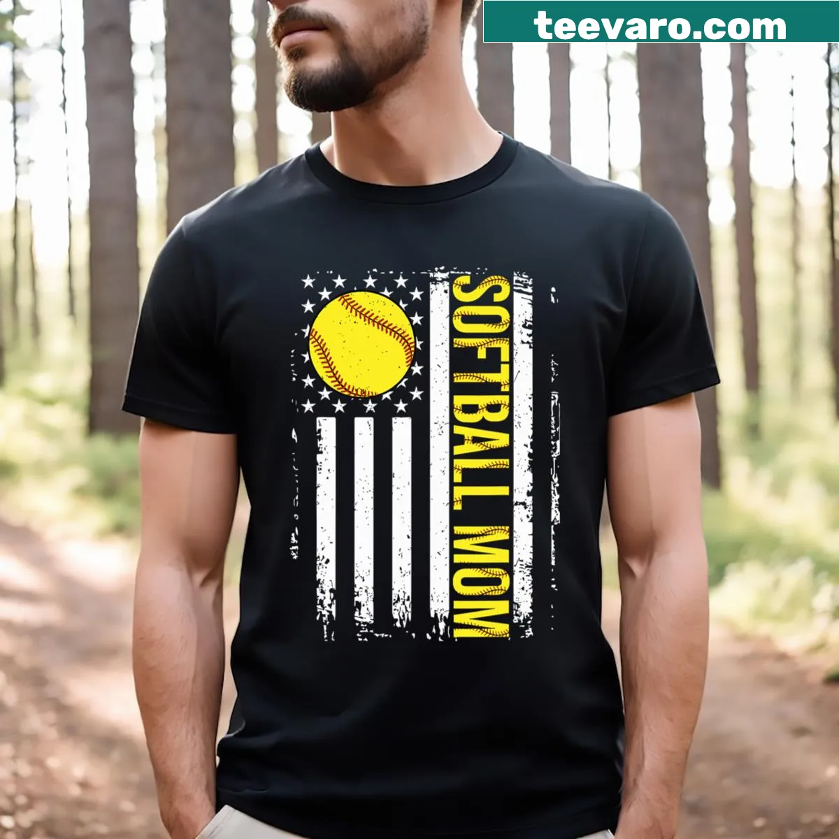 Softball mom t-shirt featuring American flag and softball graphic — on a men's t-shirt