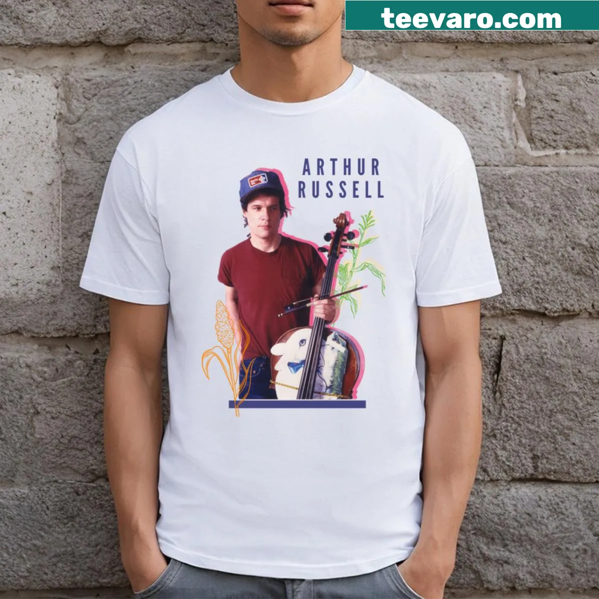 T-shirt featuring a graphic tribute to Arthur Russell — on a men's t-shirt