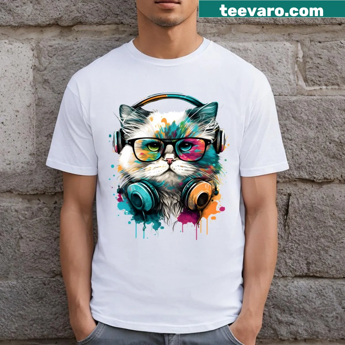 Fun t-shirt featuring a DJ cat graphic — on a men's t-shirt