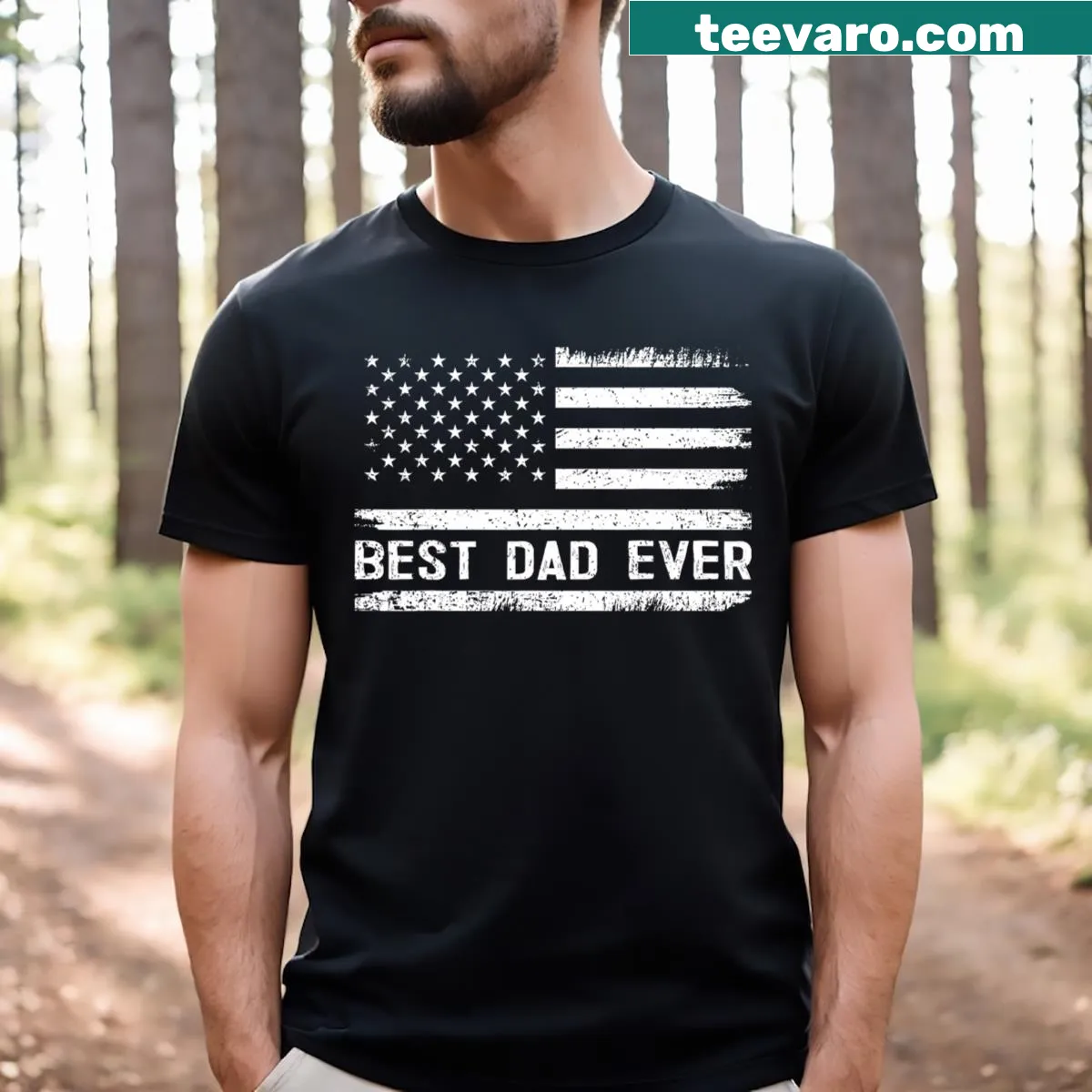 Best Dad Ever t-shirt featuring American flag and bold typography — on a men's t-shirt