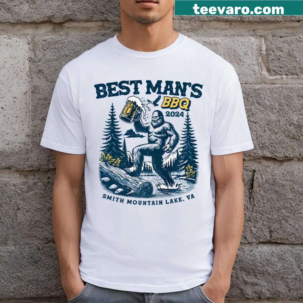 BBQ-themed T-shirt featuring Bigfoot and 'Best Man's BBQ 2024' text — on a men's t-shirt