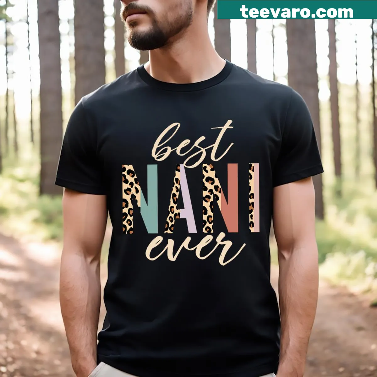 Leopard print t-shirt with 'Best Nani Ever' text — on a men's t-shirt