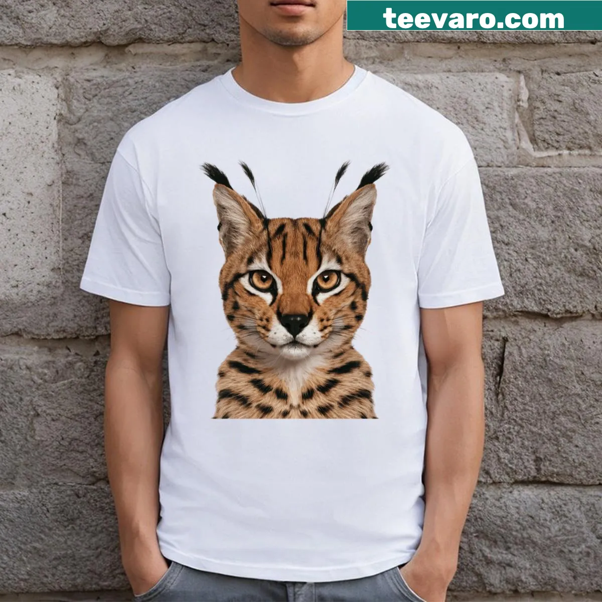 T-shirt featuring an illustration of Big Floppa, the famous meme cat. — on a men's t-shirt