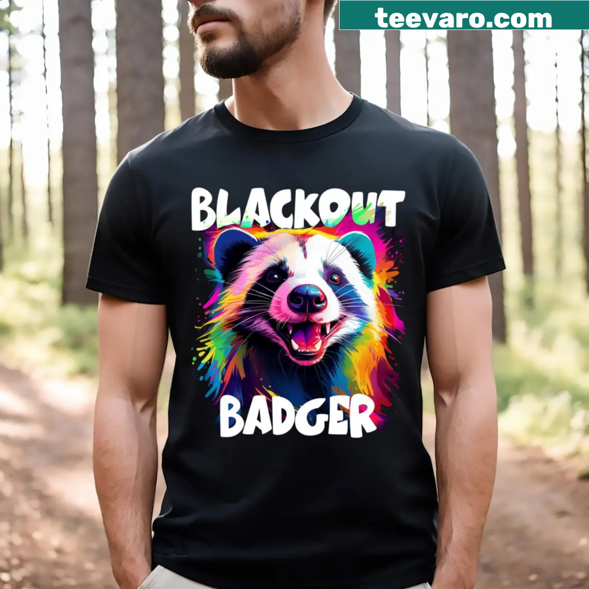 Playful cartoon Blackout Badger T-shirt featuring a whimsical badger design. — on a men's t-shirt