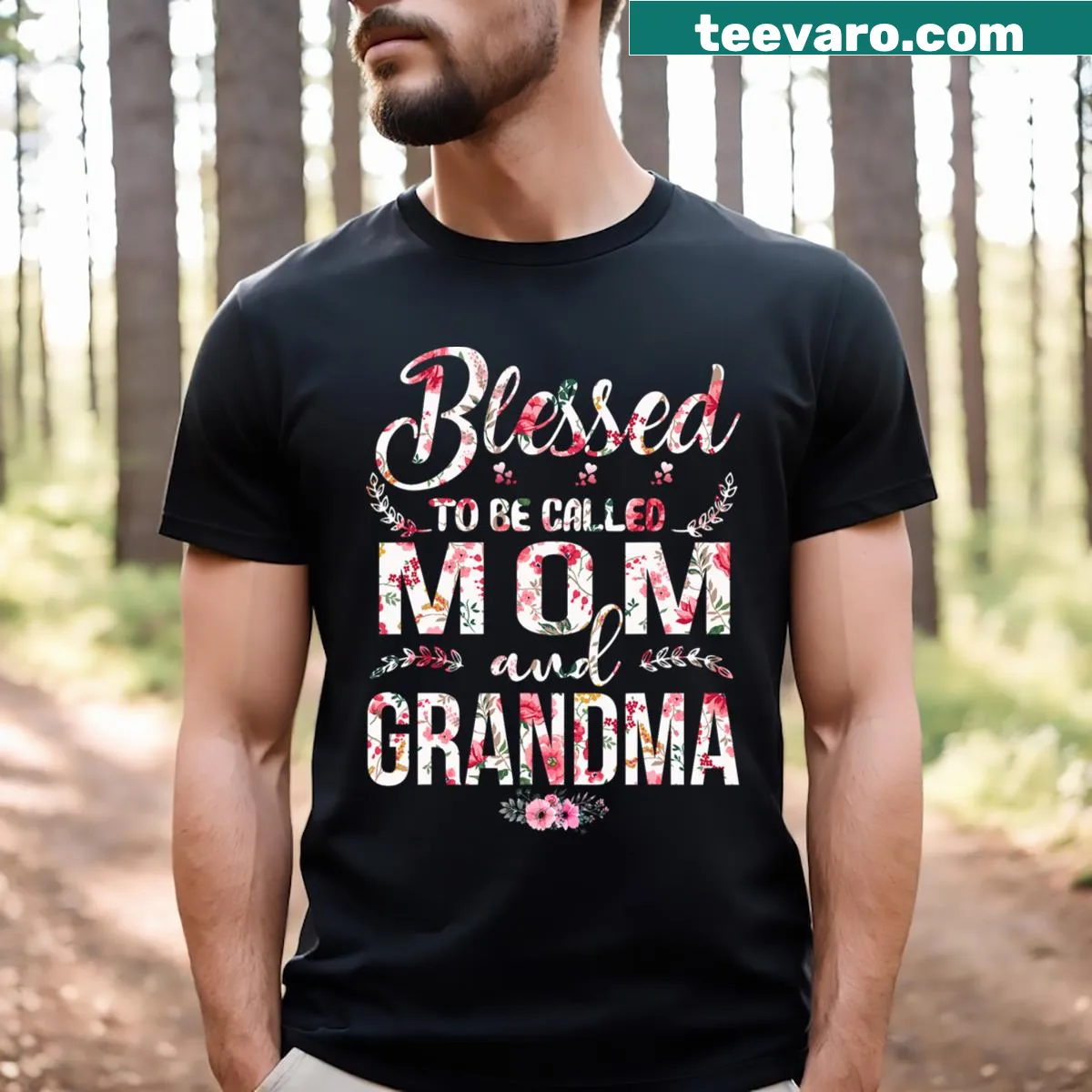 Floral illustration T-shirt celebrating moms and grandmas with heartfelt message. — on a men's t-shirt