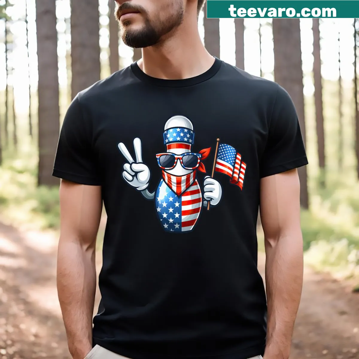 Bowling-themed shirt with American flag sunglasses for July 4th — on a men's t-shirt