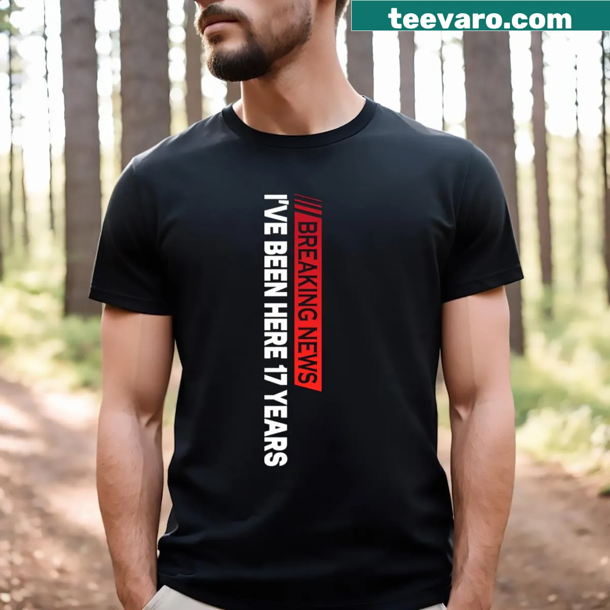 Funny work anniversary T-shirt with 'Breaking News I've Been Here 17 Years' text. — on a men's t-shirt