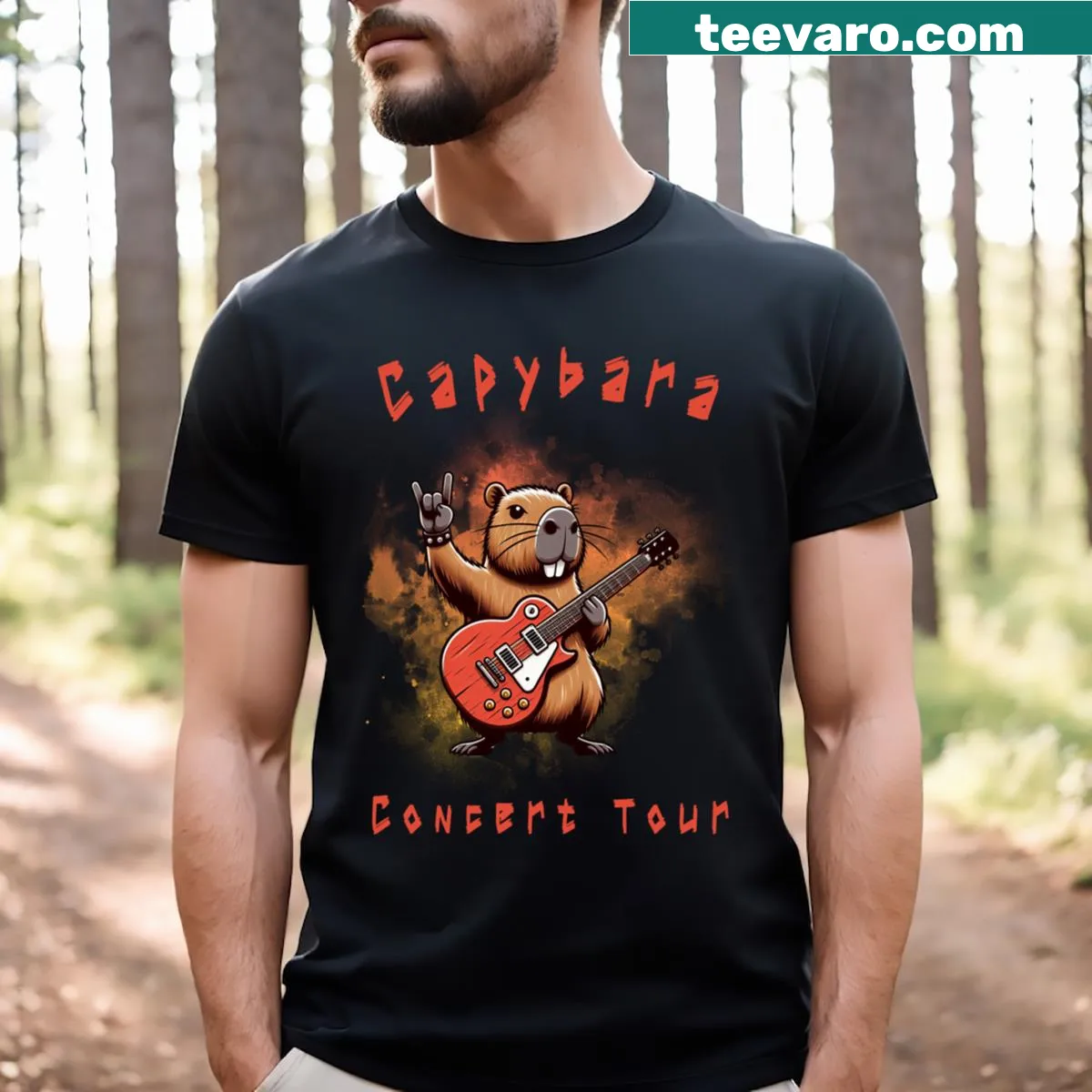 Whimsical capybara illustration on concert tour t-shirt. — on a men's t-shirt