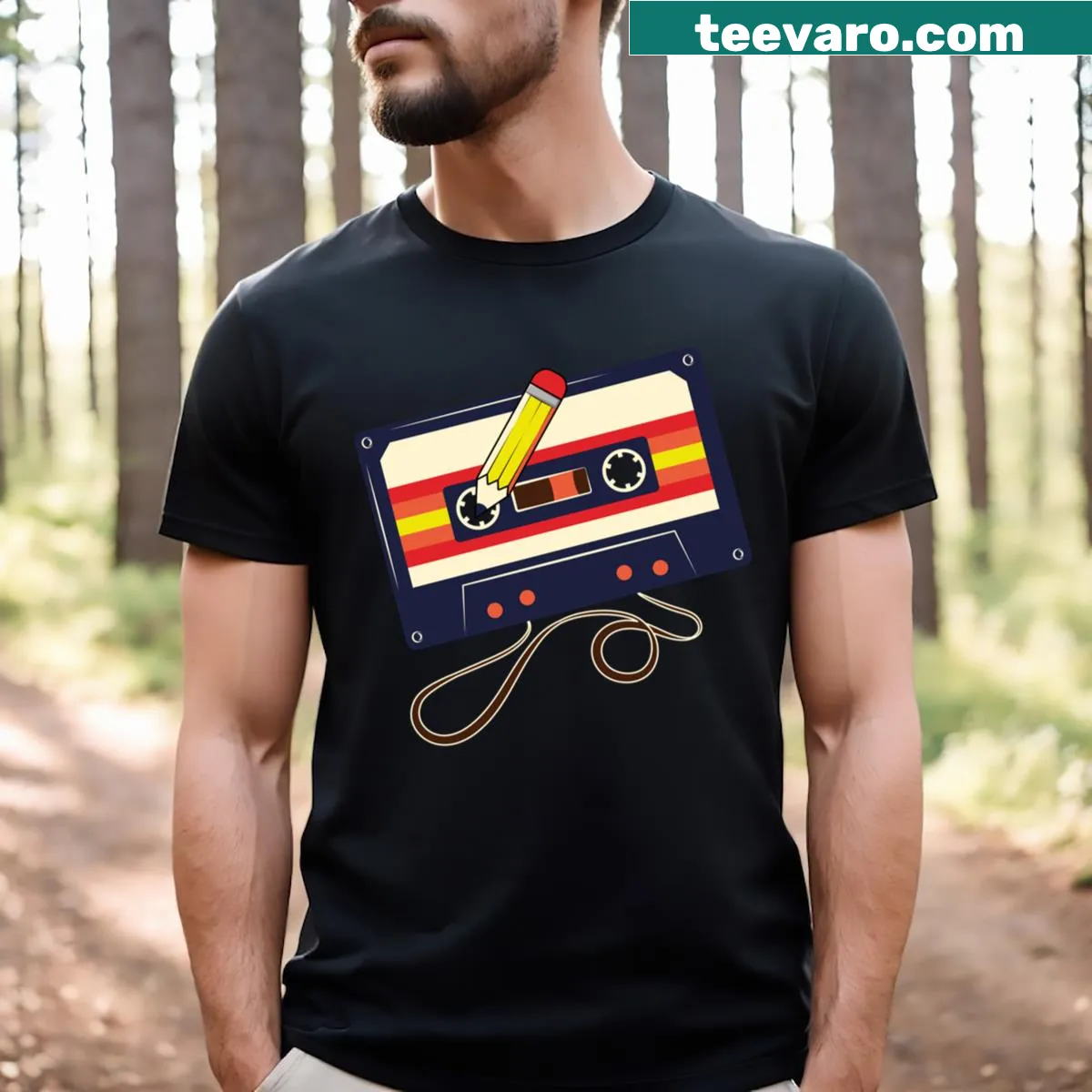 Retro cassette tape and pencil graphic on music lover t-shirt. — on a men's t-shirt