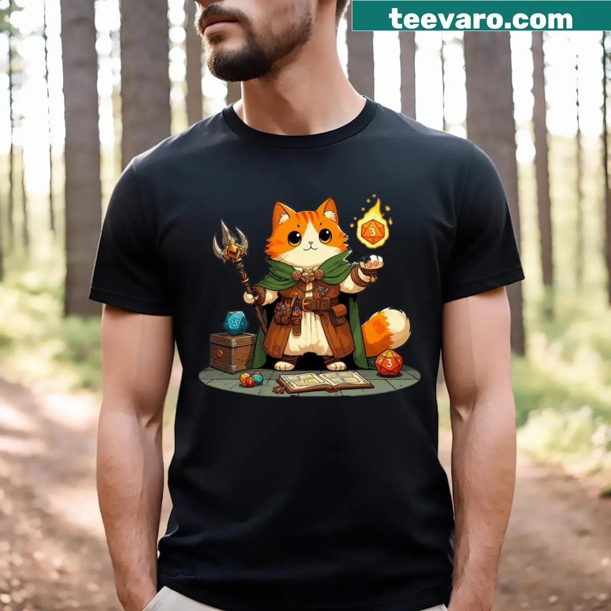 Whimsical T-shirt featuring a cat as a sorcerer — on a men's t-shirt