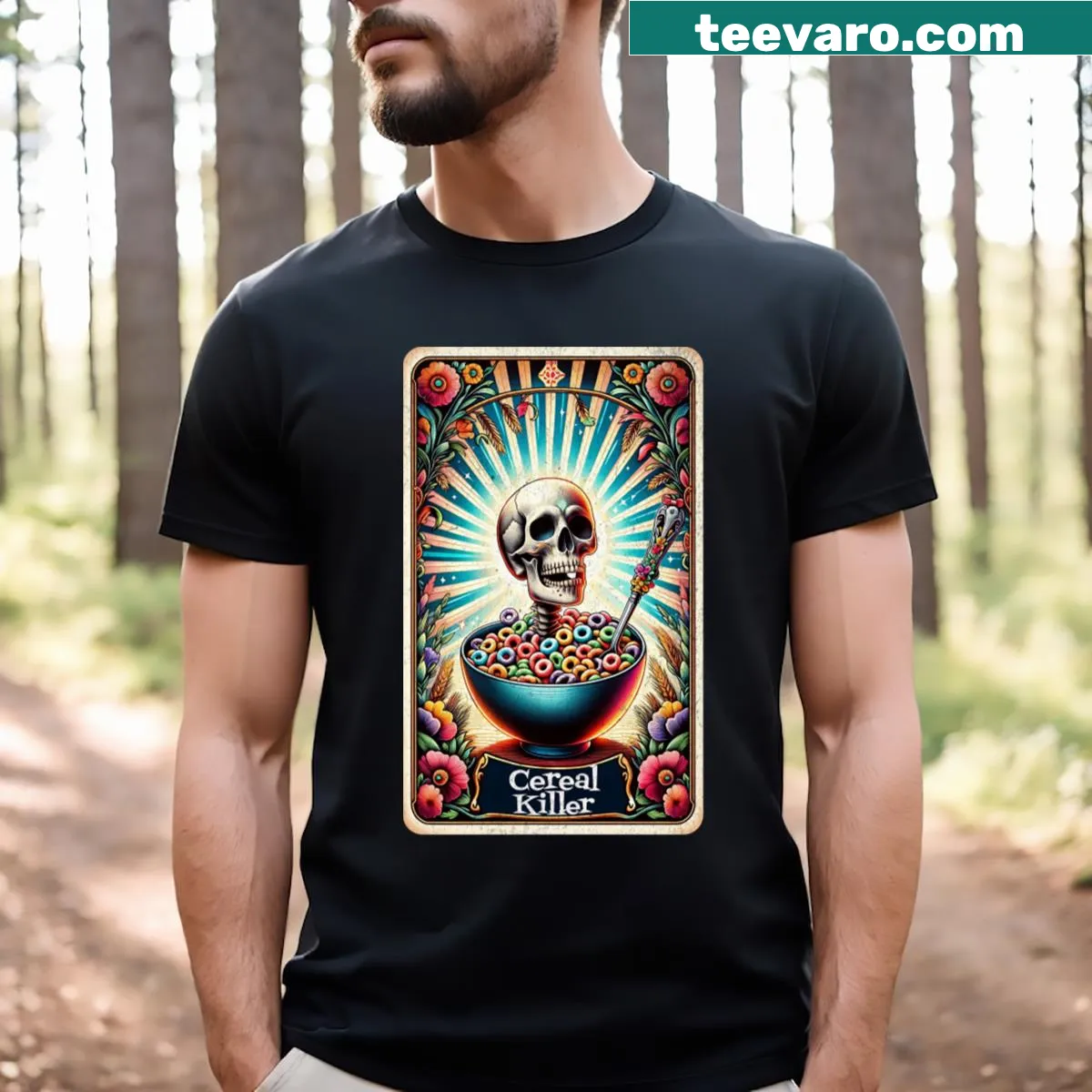 Cereal Killer Skull Tarot Card graphic T-shirt with vintage design — on a men's t-shirt