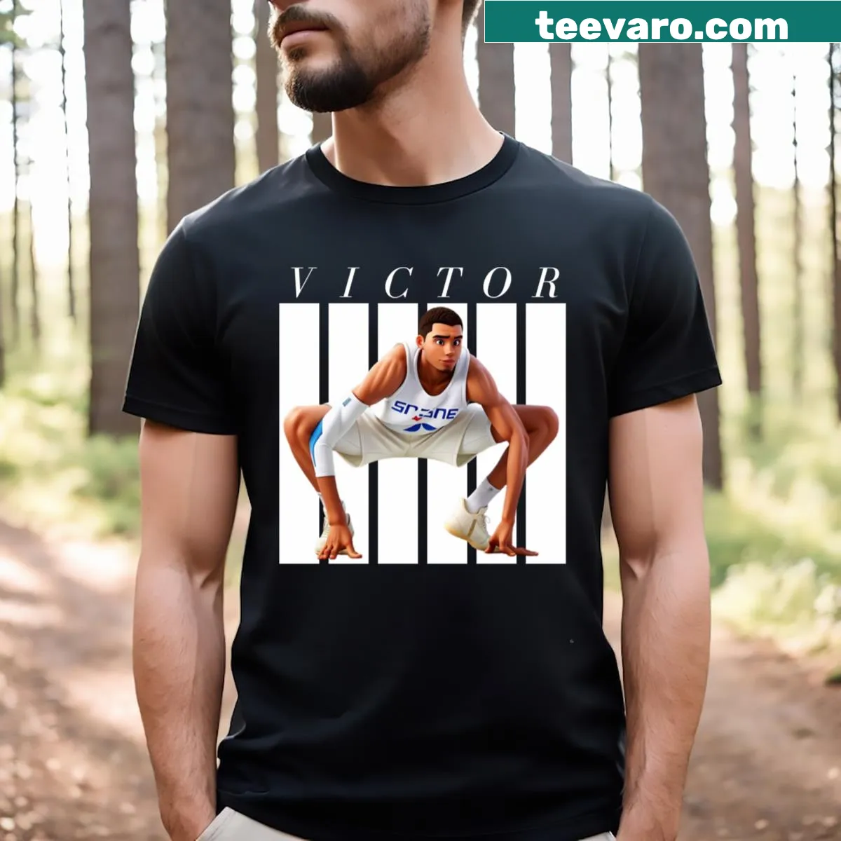 Cartoon T-shirt featuring Victor Wembanyama — on a men's t-shirt