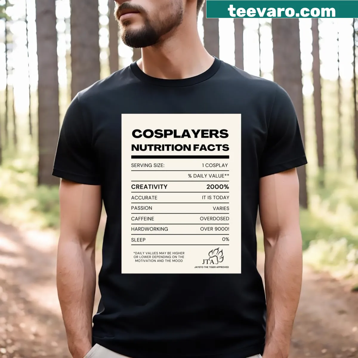 Cosplay nutrition facts t-shirt with humorous typography design — on a men's t-shirt