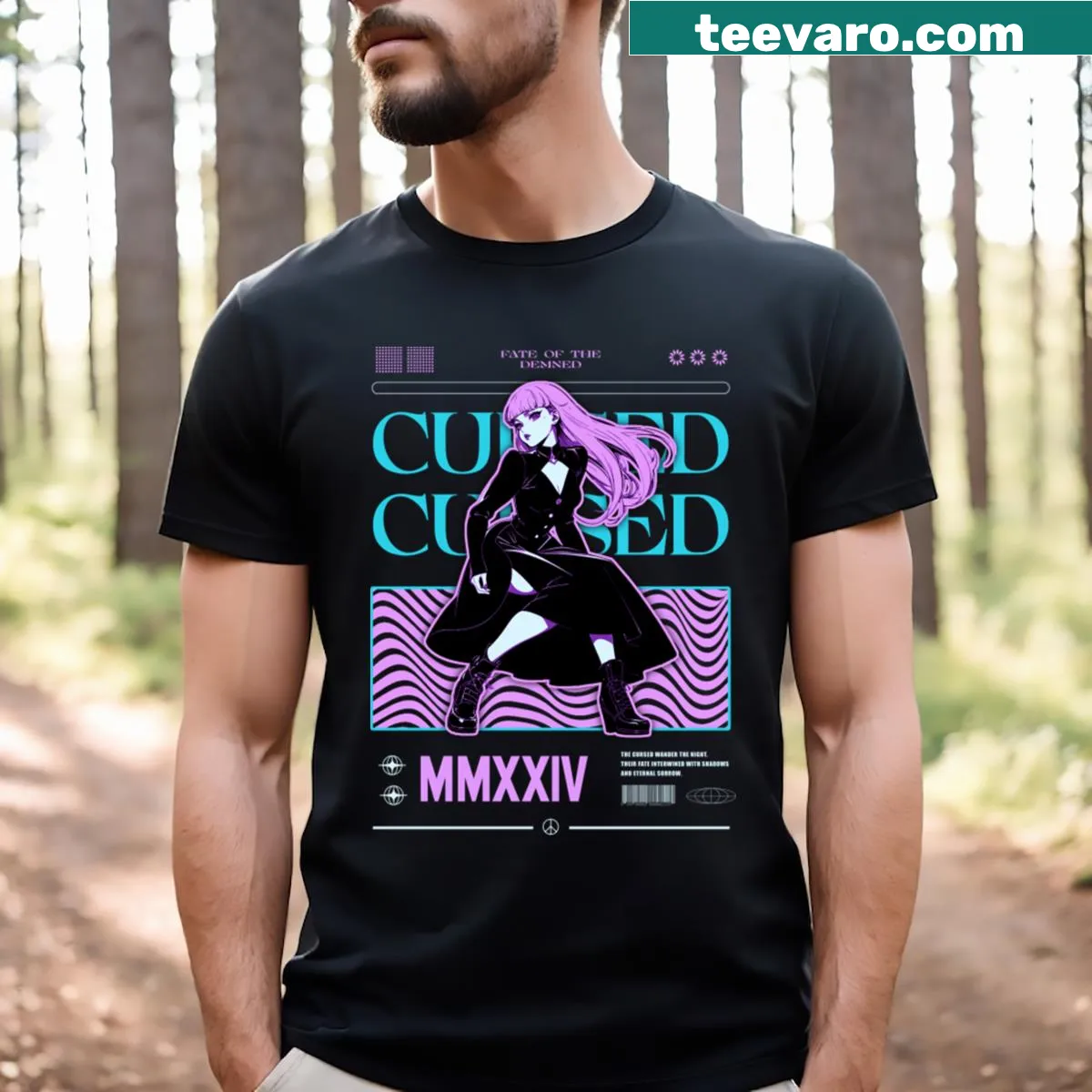 Abstract typography t-shirt with a 'Cursed' graphic design — on a men's t-shirt