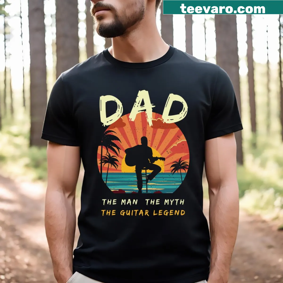 Bold typography T-shirt celebrating Dad as a guitar legend — on a men's t-shirt