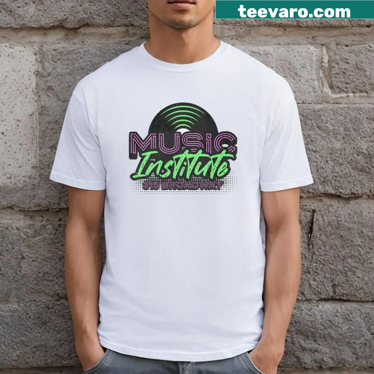 Detroit Techno Music Institute t-shirt featuring 80s music legacy elements — on a men's t-shirt