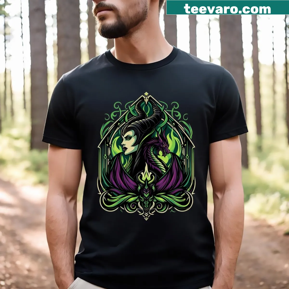 Illustrated Evil Mistress Of Dragons T-shirt design — on a men's t-shirt