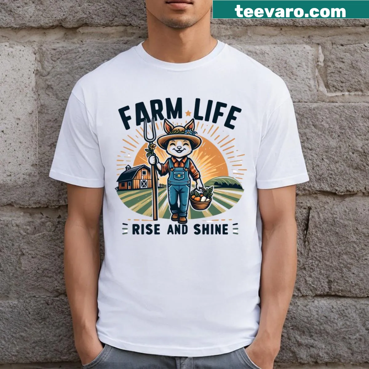 Funny rabbit design with 'Rise And Shine' text for farmers — on a men's t-shirt