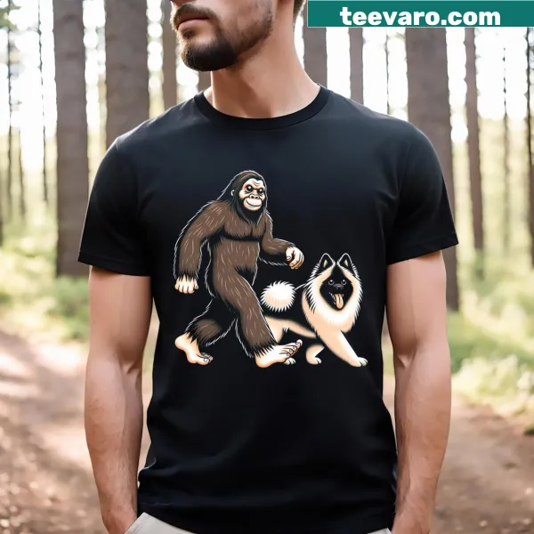 Illustration of Bigfoot walking a Keeshond dog on a T-shirt