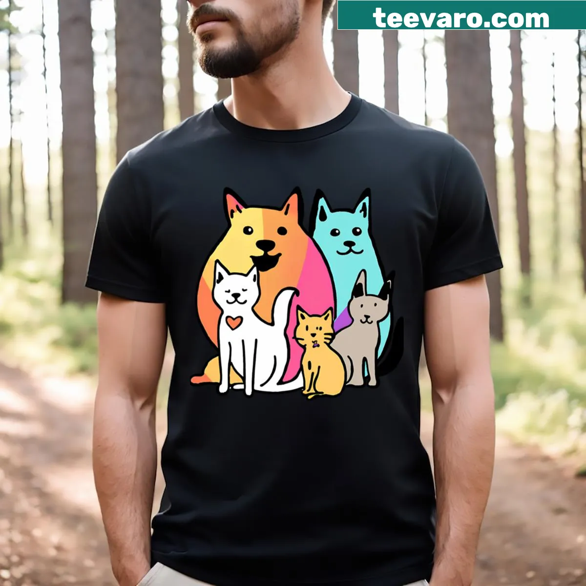 Illustrative design featuring funny cats and dogs — on a men's t-shirt