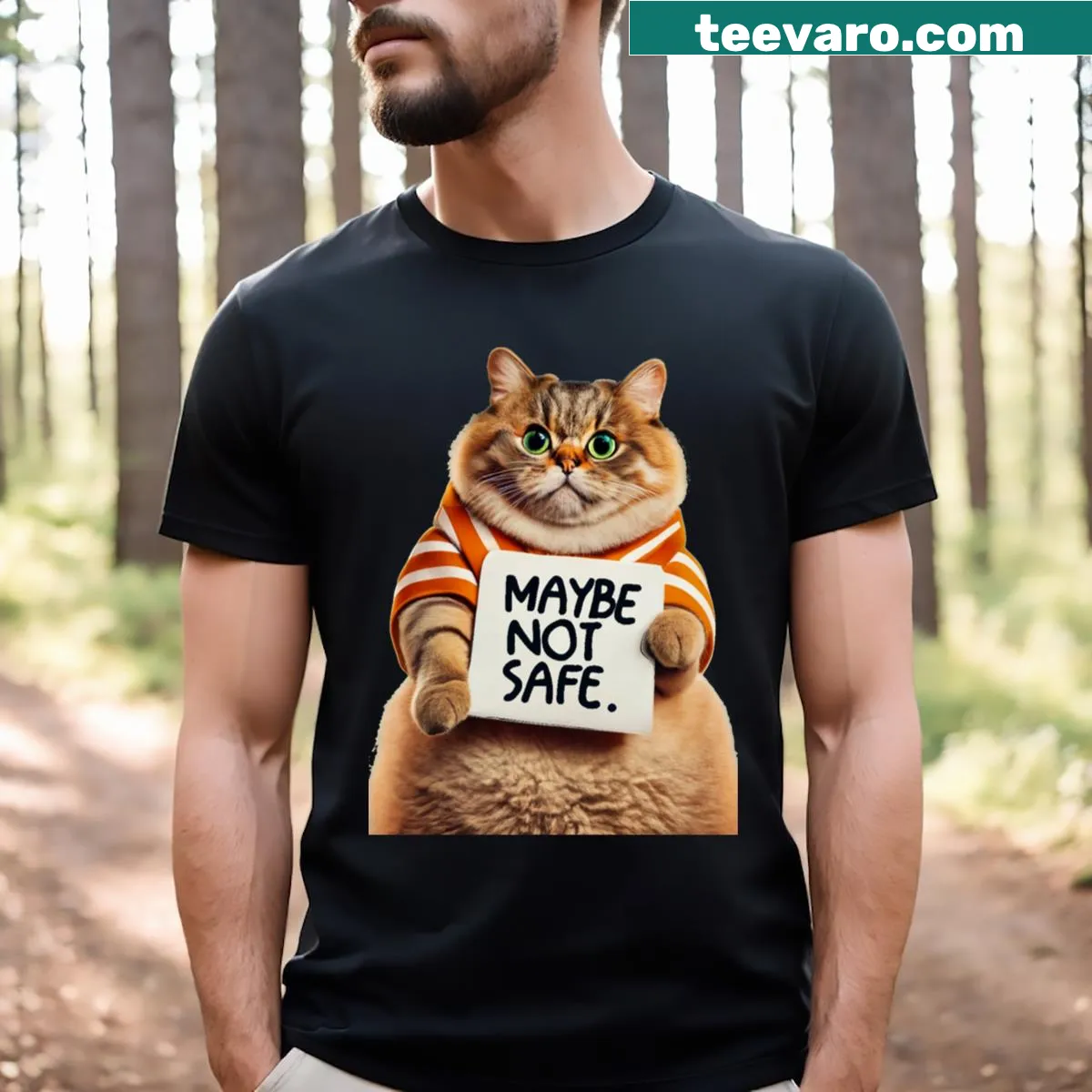 T-shirt featuring a cute fluffy cat with a card and funny text — on a men's t-shirt